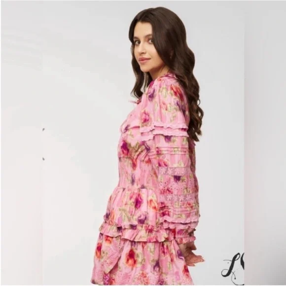 LoveShackFancy Pink Floral Tiered Midi Dress - Picture 14 of 15